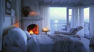 Cozy Oceanfront Fireplace | Crackling Fire \u0026 Gentle Waves ASMR for Deep Sleep \u0026 Relaxation