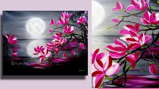 Step by Step acrylic painting on canvas for beginners | moon light night Painting | Tree of Magnolia
