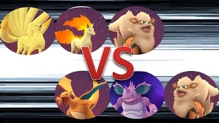 ポケモンGO　ジム戦バトル　キュウコン・ギャロップ・ウインディVSリザードン・ニドキング・カイリューその他