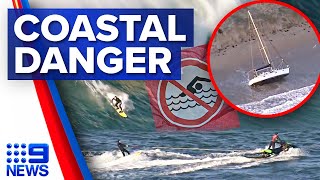 Surfers ride rough southerly swell with winds up to 150km/h on NSW coast | 9 News Australia