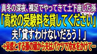 【スカッとする話】真冬の深夜、裸足でやってきて土下座した孫「高校の受験料を貸してください」夫「貸すわけないだろう！」→呆然とする孫の頭から夫はバケツで冷水をかけて…