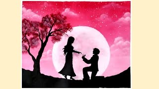 Easy Acrylic Painting for Beginners | Night Scenery Painting |Moonlight couple Painting |Pink
