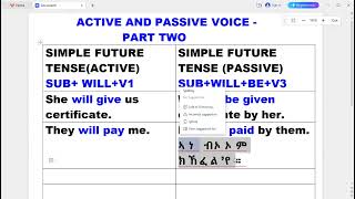 ኣዝዩ ብሉጽ ትምህርቲ፥ PART TWO- ACTIVE AND PASSIVE VOICE- Simple future tense and present continuous tense