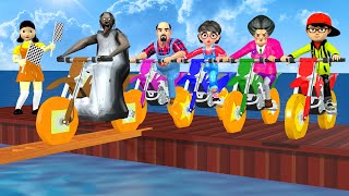 Scary Teacher 3D vs Squid Game Spring Wheel Climbing Wooden Ladder Honeycomb Candy 5 Times Challenge