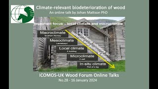 Climate-relevant biodeterioration of wood. Johan MattssonPhD. ICOMOS-UK Wood Talks No28. 16 Jan 2024