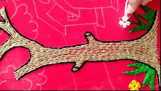 Village nature hand embroidery wallmate tutorial part 1,গ্রামীণ প্রাকৃতিক দৃশ্য সেলাই পার্ট ১