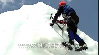 Indian mountaineers practice ice climbing with ropes - Everest expedition