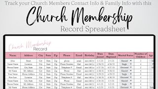Church Membership Tracker Excel Spreadsheet Template, Administration, Record Keeping Google Sheet