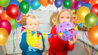 Colorful party balloons with Bridget and Adam