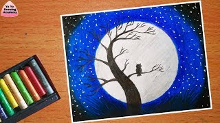 Easy Oil Pastel Drawing for Beginners - Owl Moonlight Scenery - Step by Step