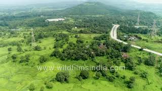 Karjat to Khopoli highway running through lush landscape in Maharashtra seen in bird's eye view