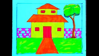 How To Draw A House Easy|| ঘরআঁকা ||গ্রামের দৃশ্য আঁকা ||gramer chobi aka