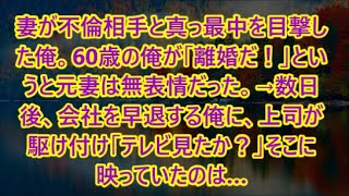 妻が不倫相手と真っ最中を目撃した俺。60歳の俺が「離婚だ！」というと元妻は無表情だった。→数日後、会社を早退する俺に、上司が駆け付け「テレビ見たか？」そこに映っていたのは…