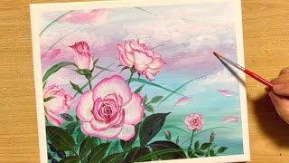 How to draw pink clouds and roses with acrylic paint / for beginners / Step by step