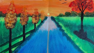 how to draw beautiful sunset nature drawing# acrylic canvas painting#sunset on a  road#