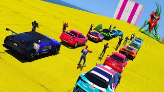 Spider-Man vs. Green Goblin Team Stunts Drag Race in GTA 5 mods! Superhero Supercar Showdown!