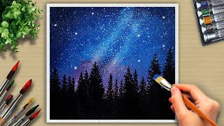 How to Paint Night Sky Starry Night landscape Acrylic Painting / #76 Acrylic Art.