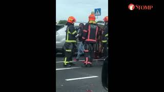 Girl, 6, taken to hospital after school minibus overturns in accident with 2 taxis at Tampines Road