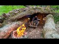 Building a Natural SHELTER inside Big TREE - Bushcraft SURVIVAL Camping. Outdoor Cooking