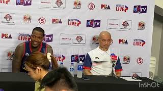 RAIN OR SHINE 112, CONVERGE 103: COACH YENG GUIAO AND DEON THOMPSON AFTER ADVANCING TO SEMIS