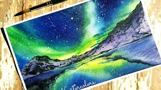 🌌 Northern Lights Watercolor Painting/ Night Sky/ Mountains/ Landscape/ Sky Painting/ Aurora