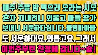 [카카오실화사연]매주 주말 밥 먹으러 오라는 시모혼자 지내려니 외롭고 아들 장가보내니 서운하다십니다.울엄마아빠도 서운하대요.외롭고요.그래서이번주부턴 친정에 갑니다~슝!