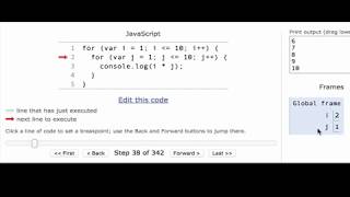 Nested for loops on JSTutor