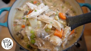 HOW TO MAKE CHICKEN POT PIE SOUP QUICK AND EASY USING A COSTCO ROTISSERIE CHICKEN.