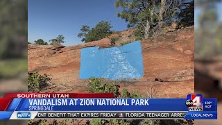 Zion park rangers seek information after someone defaced sandstone with large blue squares