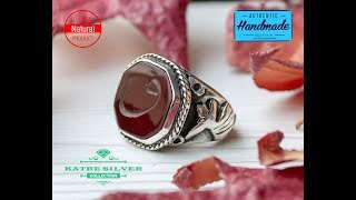 Handmade 925k Sterling Silver Natural Red Agate Stone Vav Custom Design Silver Mens Ring