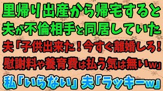 【スカっとする話】里帰り出産から帰宅すると夫が不倫相手と同居していた。夫「子供出来た！今すぐ離婚しろ！ 慰謝料や養育費は払う気は無いｗ」 私「いらない」夫「ラッキーｗ」【修羅場】