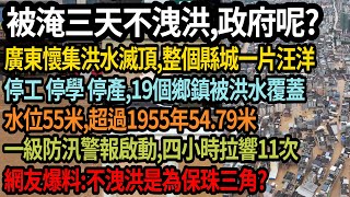 廣東懷集被淹三天，整個縣城一片汪洋，停工 停學 停產，19個鄉鎮被洪水覆蓋，水位55米，超過1955年54.79米，一級防汛警報啟動，四小時拉響11次，網友爆料：不洩洪是為保珠三角，#中國