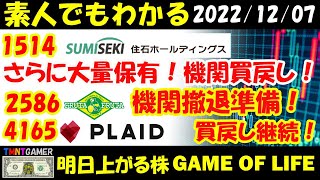 【明日上がる株】2586 フルッタフルッタ！機関そろそろ撤退？1514 住石ホールディングス！堅調！さらに大量保有！4165 プレイド！機関買い戻し継続！【20221207】