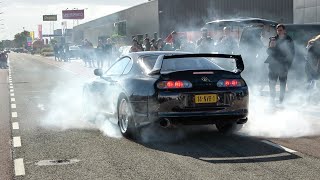 JDM Cars Leaving GoJapan - CRAZY Burnouts! 950HP Supra, RX7, EVO, Skyline R32/R34 GTR, 1650HP GTR..