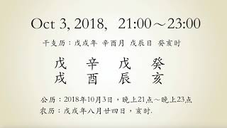 2018年10月3日亥时。戊戌年辛酉月戊辰日癸亥时。