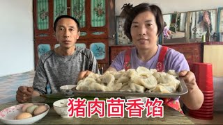 小园的茴香割一把，夫妻俩包饺子，猪肉茴香馅，原汁原味的美食香