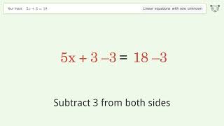 Linear equation with one unknown: Solve 5x+3=18 step-by-step solution