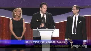 Hollywood Game Night writers accept their 2015 WGA Award from Chelsea Peretti (Brooklyn Nine-Nine)