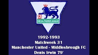 FA Premier League. Season 1992-1993. Matchweek 31. Denis Irwin's accurate strike.