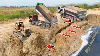 OMG!!morning, Land Sink! Slide Down Again Repaire Back with Trucks \u0026 Komatsu D58 Dozers Pushing Soil