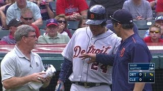 DET@CLE: Miggy gets hit on the hand, stays in game