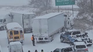 VIDEO | Snow covered roads cause 15-car pileup on Interstate 94 in Indiana