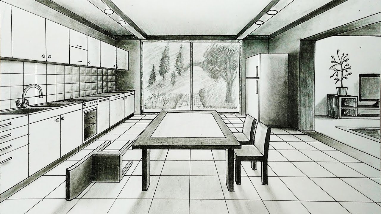 Draw Kitchen In One Point Perspective - Kitchen Edit 2. (add Shadow ...