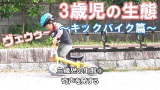 【三歳児の生態】キックバイク（自転車）遊び篇（ぶつかっても強行突破、乗らないスタイル、無駄な気合注入…）