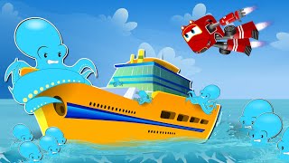 Supercar Rikki Saves the Huge Ship from the Giant Octopus creating a nuisance in the Ocean