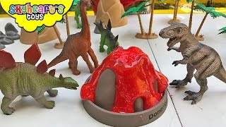 DINOSAURS IN ERUPTING VOLCANO - Animal Planet Big Tub of Dinosaur toys for kids Trex Island