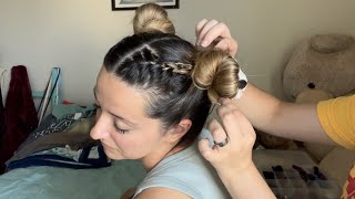 ASMR // Two Different Bun Hairstyles on My Sister 🎀 | Braiding, Brushing Hair into High Ponytails