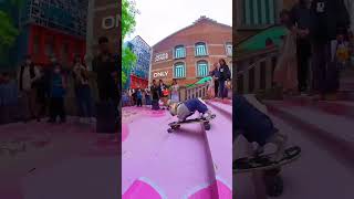 The dog told the skateboard to go down the stairs in the pedestrian street  and passers-by couldn't