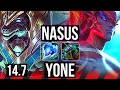 NASUS vs YONE (TOP) | 10/1/3, 1500+ games, 6 solo kills, Godlike | KR Master | 14.7