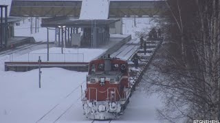 JR北海道の機関車がJR貨物の貨車をけん引して富良野線を走る